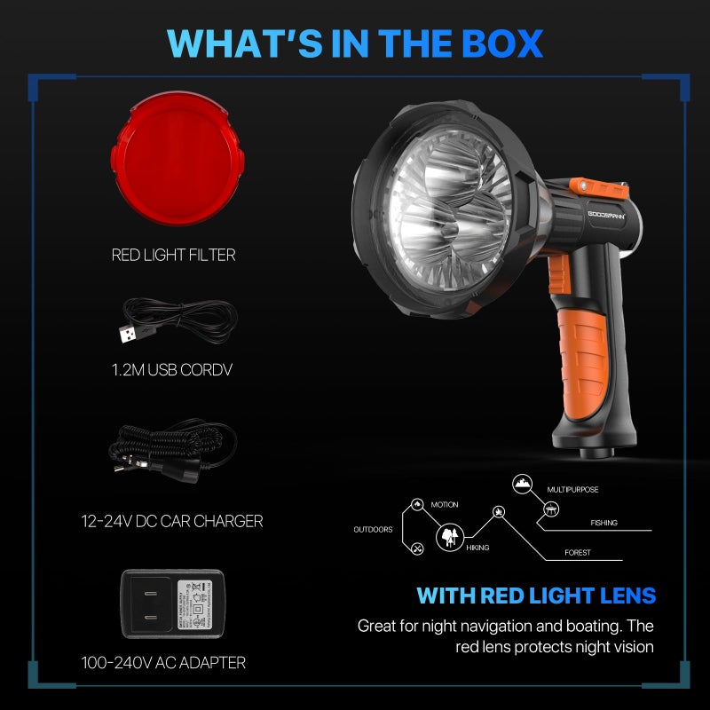 GOODSMANN Spotlight Marine Spot Light 4000 Lumen Led Boat Navigation Lights 12 Volt Handheld Spotlight Rechargeable Searchlight with Detachable Red Lens, Wall and Car Charger - Image 5
